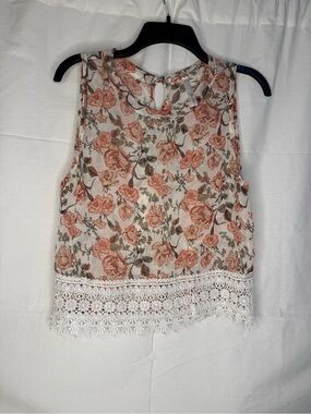 fio fio Floral Lace Trim Chiffon Cropped Blouse Sleeveless Women's L